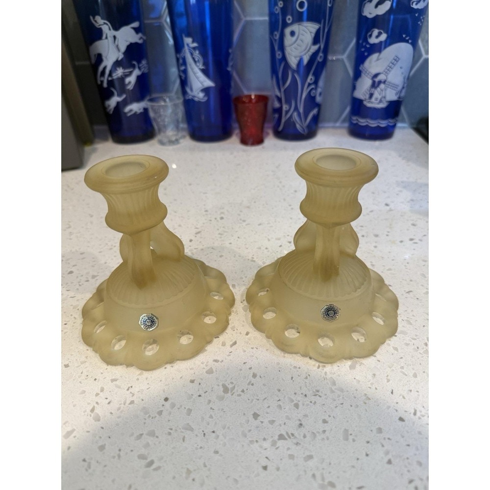 Westmoreland Yellow Honey Frosted Satin Doric Open Lace Edge Candle Stick Holder
